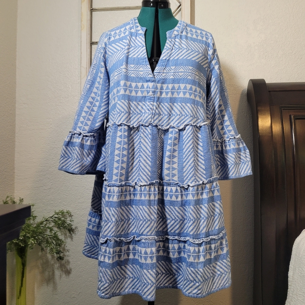 Mud Pie Blue Renee Yarn Cotton Tiered V-Neck Dress with 3/4 Bell Sleeves Large